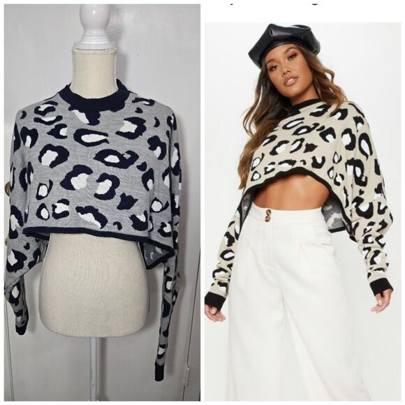 Pretty Little Thing Cheetah Print Cropped Oversized Sweater Navy/gray - Picture 1 of 8